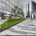 Modern Commercial Street With Glass Facade Buildings Shops Trees And Pedestrians In Sunny Plaza