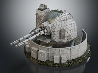 Military Bunker Model With Dome Shaped Design Dual Barrel Cannon Stone Wall Enclosure Grass Base 3d model