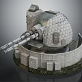 Military Bunker Model With Dome Shaped Design Dual Barrel Cannon Stone Wall Enclosure Grass Base