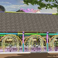 Colorful Pergola with Hanging Wisteria Vines and Outdoor Dining Table Chairs