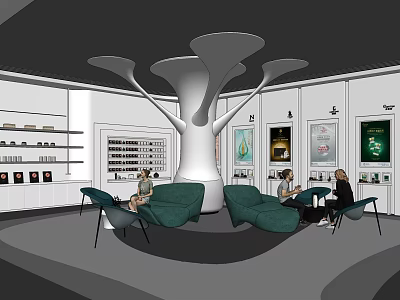 Modern Beauty Store Interior With White Display Shelves Green Sofas Tree Structure And Customers 3d model