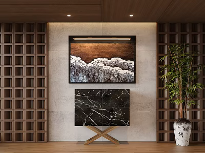 Modern Wooden Decorative Cabinet With Marble Top Wall Art And Potted Plant 3d model