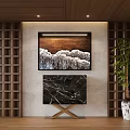 Modern Wooden Decorative Cabinet With Marble Top Wall Art And Potted Plant