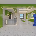 Vibrant Green Milk Tea Shop Interior With White Tiles Blue Cartoon Sculpture Counter And Chairs