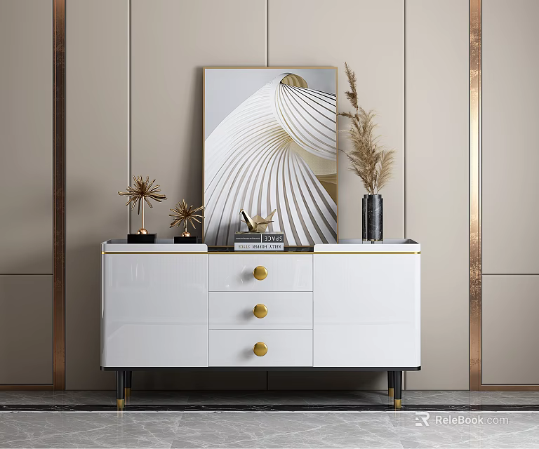 Elegant Modern Console Table With White Cabinet Gold Handles Decorative Painting And Dried Flowers 3d model 