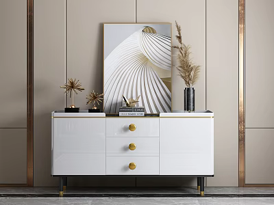 Elegant Modern Console Table With White Cabinet Gold Handles Decorative Painting And Dried Flowers 3d model
