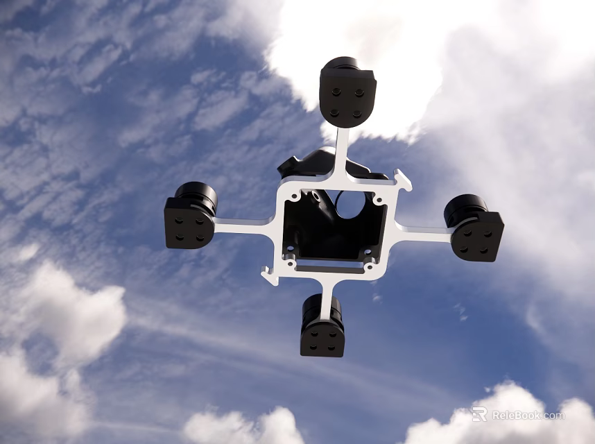 Flying Quadcopter Drone With Four Propellers And White Frame Against Blue Sky 3d model 