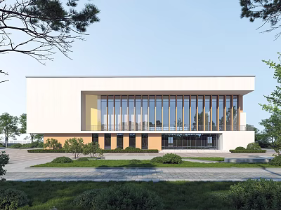 Modern Office Building With Glass Facade White Yellow Exterior Greenery And Trees Front Lawn 3d model