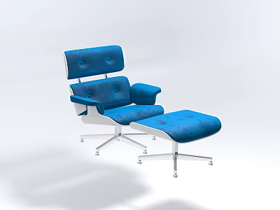Modern Blue Upholstered Single Chair With Ottoman And White Metal Frame 3d model