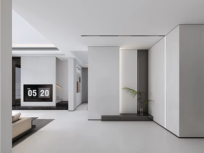 Modern Foyer Hallway With Digital Clock Potted Plant And Sleek White Walls 3d model