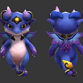 Cute Blue Mythical Dragon Character With Purple Wings Horns And Golden Accents