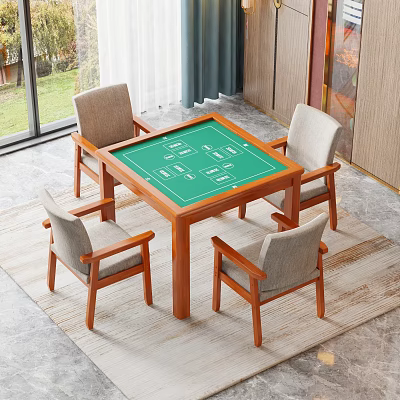 Square Wooden Gaming Table and Chair Set with Green Tabletop and Light Gray Cushions 3d model