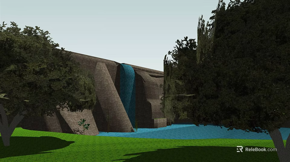 Garden Landscape Design With Waterfall Lush Green Grass And Surrounding Trees 3d model 