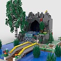 Lego toy building blocks water curtain cave mountain scene pool small bridge river plant tree forest 3d model