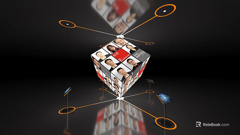 Interactive Social Network Cube Featuring Human Faces And Connected Digital Devices 3d model