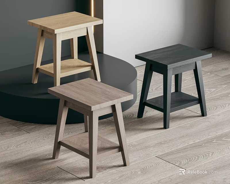 Three Simple Modern Wooden Stools in Different Colors for Home Interior Use 3d model