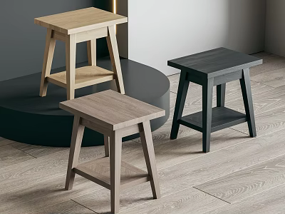 Three Simple Modern Wooden Stools in Different Colors for Home Interior Use 3d model