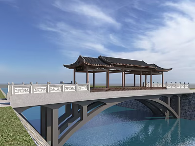Traditional Chinese Bridge with Pavilion Roof and Carved Railings Over Blue Water Against Sky Clouds 3d model