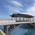 Traditional Chinese Bridge with Pavilion Roof and Carved Railings Over Blue Water Against Sky Clouds