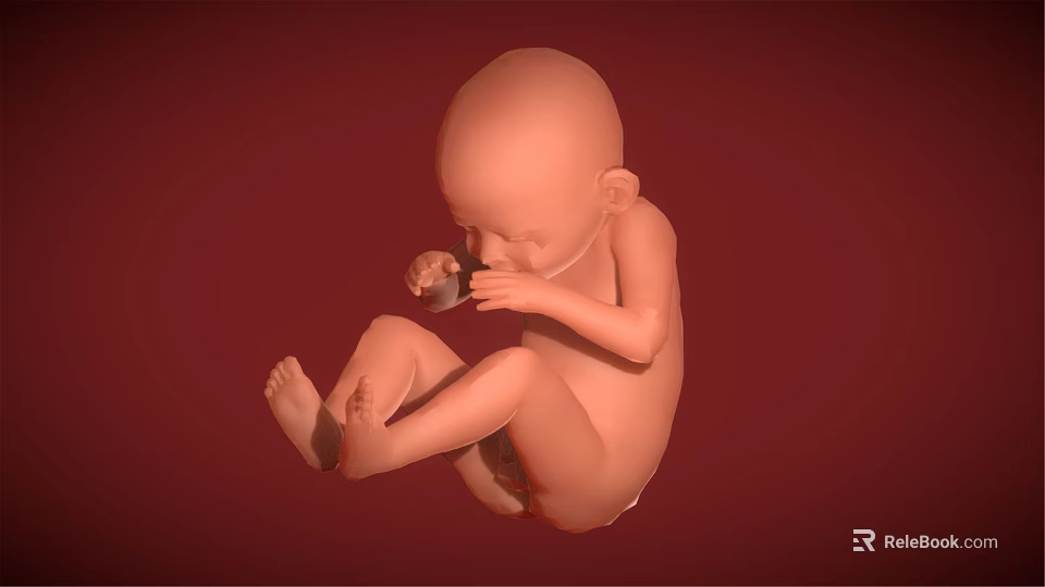Fetus in Curled Position With Hand Near Mouth on Red Background 3d model 