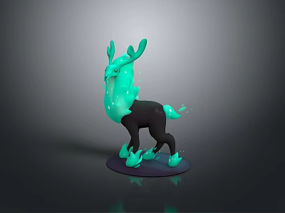 Glowing Green Mythical Deer 3D Model With Black Body Luminous Antlers Tail And Hooves 3d model