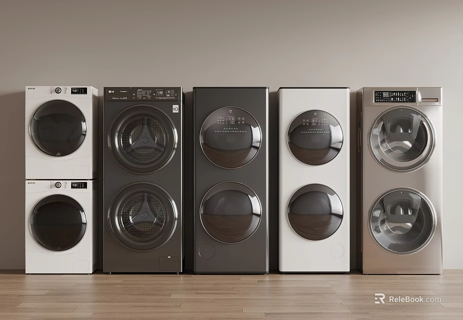 Modern Washing Machines In Various Colors And Styles Displayed In Row 3d model 