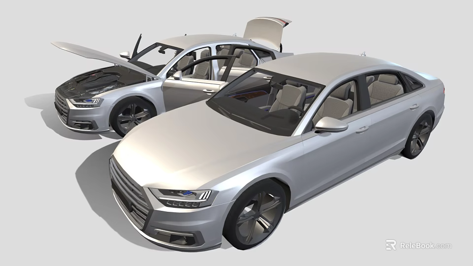 Two Silver Sedans With Open Hood And Doors Modern Car Design Features 3d model