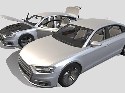Two Silver Sedans With Open Hood And Doors Modern Car Design Features 3d model