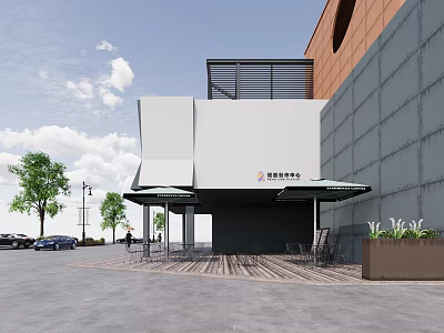 Exterior View Of Modern Building With Awnings Tables Chairs Green Plants Trees And Vehicles 3d model