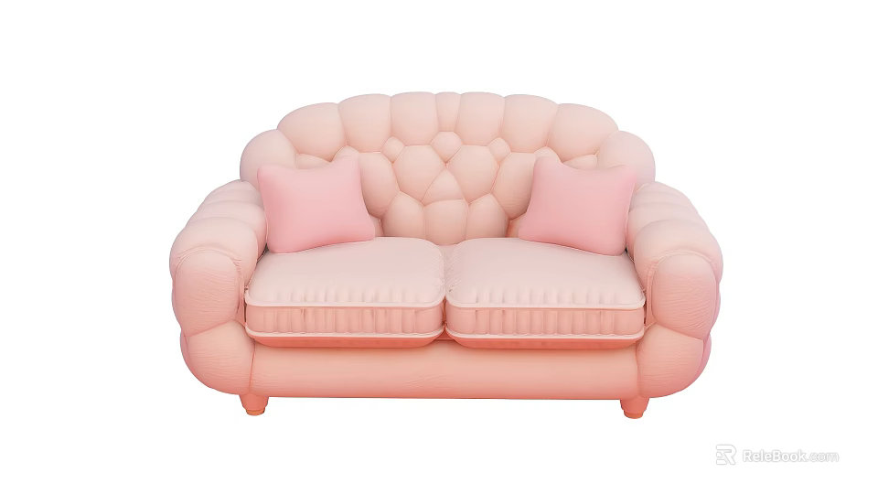 Pink Two Seater Sofa with Rounded Design and Soft Pink Pillows Pleated Cushions for Comfort 3d model 