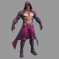 Man In Purple Hooded Coat With Bare Chest Purple Pants Knee Pads And Boots