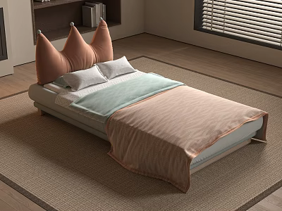 Children's Bed with Decorative Headboard Soft Pillows Pastel Blanket in Cozy Bedroom with Rug 3d model