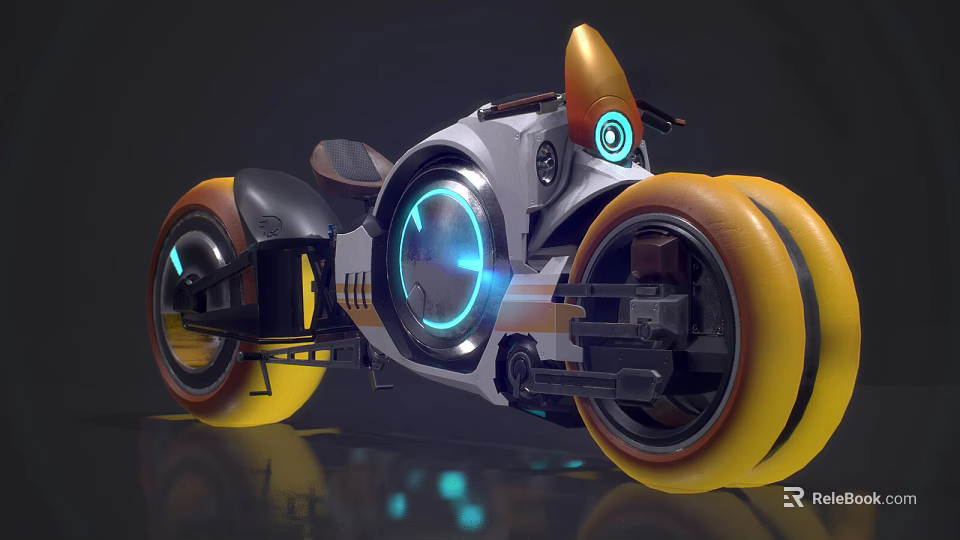 Futuristic Motorcycle With Glowing Blue Circular Lights And Orange Wheels Design Details 3d model 