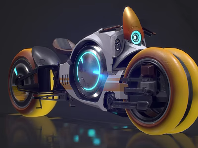 Futuristic Motorcycle With Glowing Blue Circular Lights And Orange Wheels Design Details 3d model