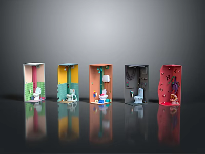 Colorful Mini Bathroom Models With Various Designs Toilet And Wall Decor 3d model