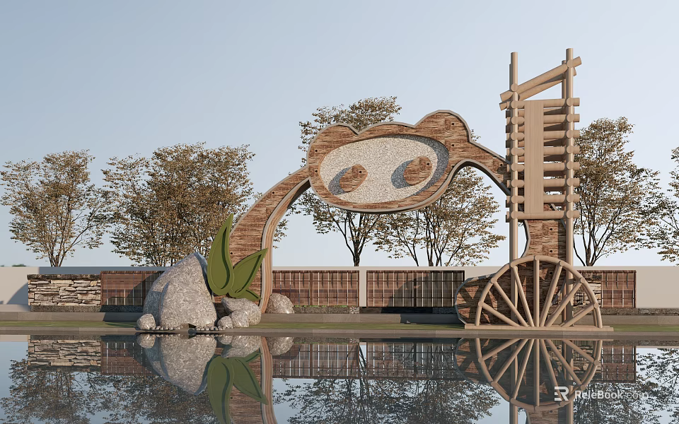 Panda Shaped Wooden Entrance Gate With Water Wheel Trees And Pool Reflection 3d model 