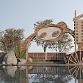 Panda Shaped Wooden Entrance Gate With Water Wheel Trees And Pool Reflection