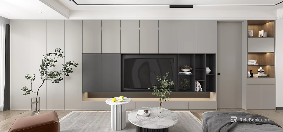 Modern Gray TV Cabinet With Open Shelves TV Screen And Green Plants 3d model 
