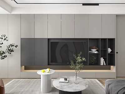 Modern Gray TV Cabinet With Open Shelves TV Screen And Green Plants 3d model