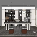 Modern Study Room Interior With Bookshelves Desk Computer Pendant Lights Rug And Wall Art