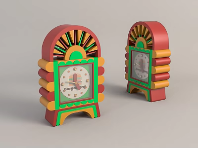 Colorful Decorative Clocks With Vintage Design Bright Red Green Yellow Accents And Layered Base 3d model