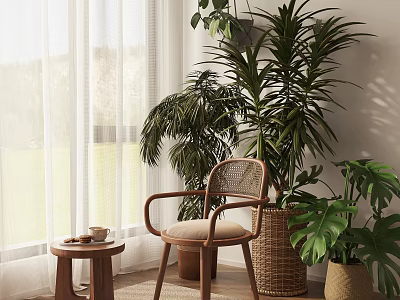 Leisure Chair With Rattan Backrest Wooden Frame By Window Green Plants And Small Table 3d model