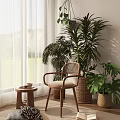 Leisure Chair With Rattan Backrest Wooden Frame By Window Green Plants And Small Table