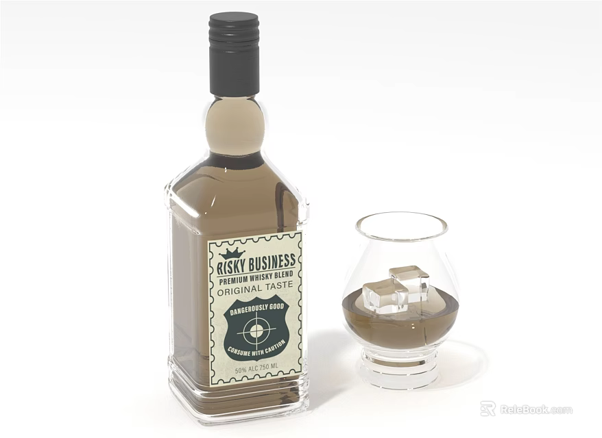 Old Fashioned Whiskey Bottle With Glass And Ice Cubes On White Background 3d model 