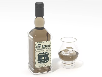 Old Fashioned Whiskey Bottle With Glass And Ice Cubes On White Background 3d model