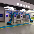Automotive Manufacturing Workshop With Blue Robotic Arms Production Line And Machinery