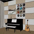 Piano Room Interior With Black Piano Music Sheets Acoustic Guitar And Wall Decorations