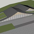 Modern Museum Building With Sloped Black Roof Wooden Structure And Grassy Landscape 3d model
