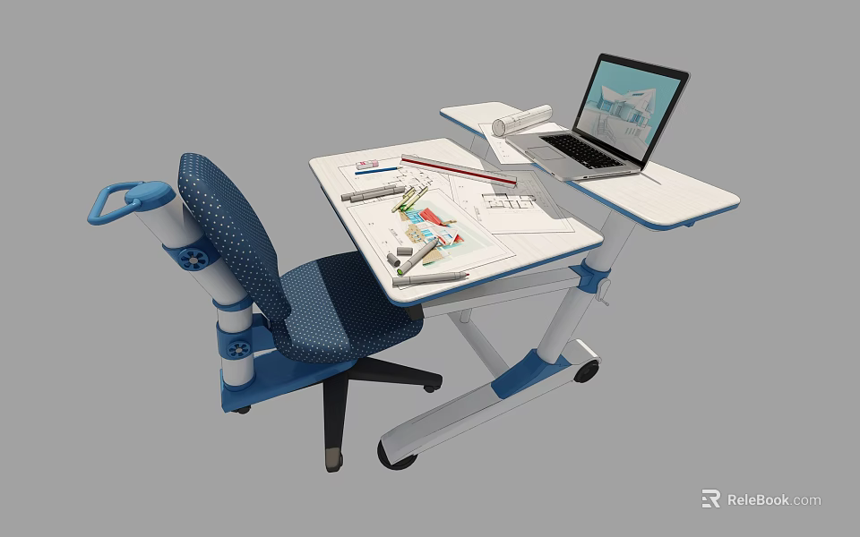 Modern Adjustable Desk Setup With Laptop Blueprints Pens And Ergonomic Chair 3d model 