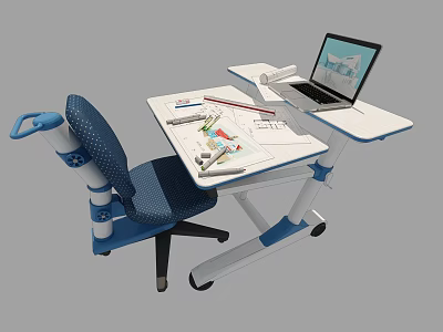 Modern Adjustable Desk Setup With Laptop Blueprints Pens And Ergonomic Chair 3d model